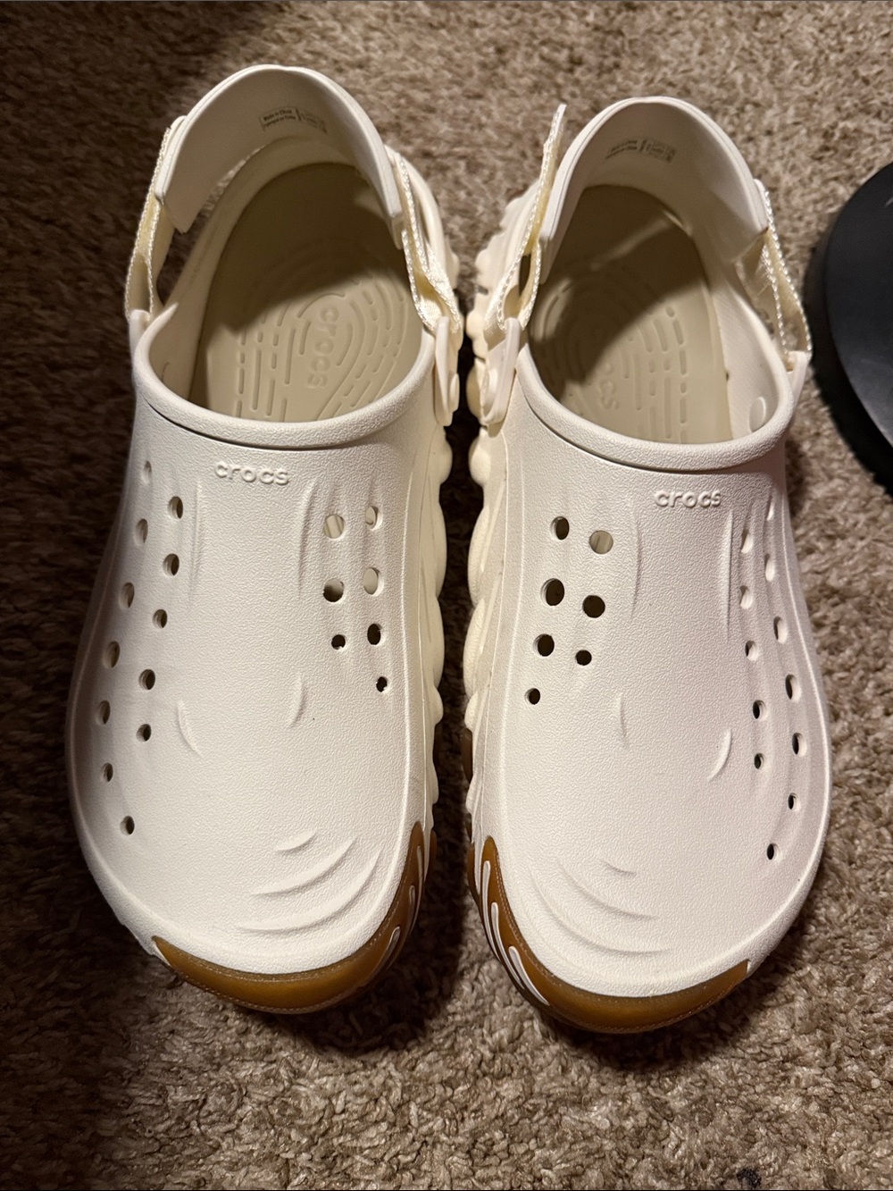 CROCS Cream White Croslite Comfort Clog Sandals with Tan Accents